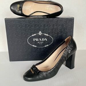 Prada black chunky heels with logo at vamp 38